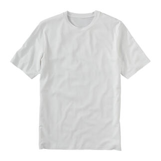 Wit Tencel™-basic T-shirt op een grijze achtergrond.