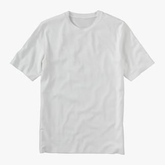 Wit Tencel™-basic T-shirt op een grijze achtergrond.