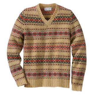 Fair Isle-trui met V-hals Edward De lievelingstrui van Edward VIII, nog steeds gemaakt in Schotland van Schots garen.