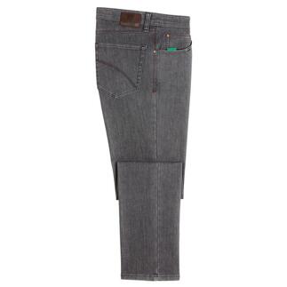 Grijze Five-Pocket thermo jeans, liggend op een witte achtergrond.