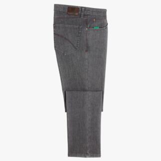 Grijze Five-Pocket thermo jeans, liggend op een witte achtergrond.