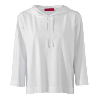Vooraanzicht van een witte zomerhoodie met capuchon en koord.
