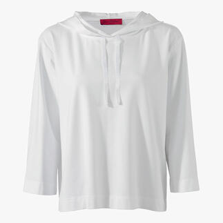 Vooraanzicht van een witte zomerhoodie met capuchon en koord.