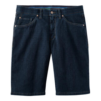 Vooraanzicht van donkerblauwe 24-uurs jeansshorts op een witte achtergrond.