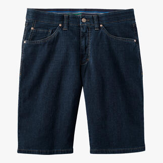 Vooraanzicht van donkerblauwe 24-uurs jeansshorts op een witte achtergrond.