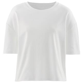 Witte boxy interlock T-shirt op een witte achtergrond.