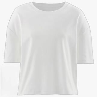 Witte boxy interlock T-shirt op een witte achtergrond.