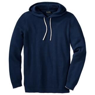 Donkerblauwe Pima ribbed hoodie met trekkoord.