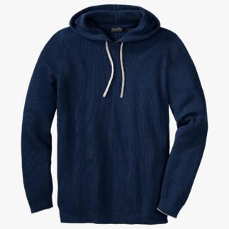 Donkerblauwe Pima ribbed hoodie met trekkoord.