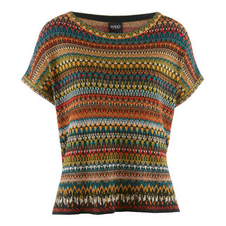 Voorkant van een IVKO jacquard breipullover met een kleurrijk patroon.