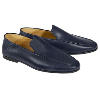 Twee 2-in-1 lamnappa loafers in donkerblauw, samen op een witte achtergrond.
