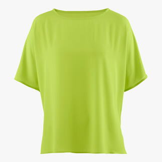 Greige t-shirt-blouse met wijde pasvorm en ronde hals.