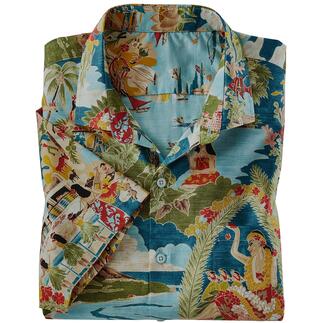 Vouw Aloha-shirt met kleurrijke motieven op een lichte achtergrond.