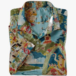 Vouw Aloha-shirt met kleurrijke motieven op een lichte achtergrond.