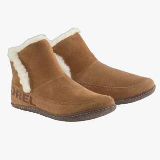 Twee bruine Sorel in-en-outdoor boots met bontkraag.