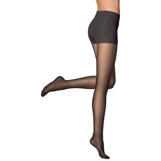 Vrouw met zwarte contourstrumpfhose, die op één been poseert.