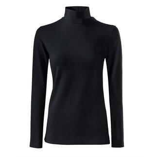 Zwart katoen/kashmir highneck shirt met hoge kraag.