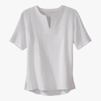 Musselin strandshirt in het wit met korte mouwen en ronde hals.