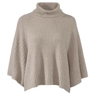 Grijze kasjmier poncho met hoge kraag op een witte achtergrond.