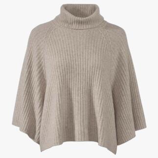 Grijze kasjmier poncho met hoge kraag op een witte achtergrond.