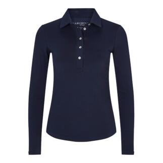 Navy winterpoloshirt met lange mouwen en knoopsluiting op een witte achtergrond.