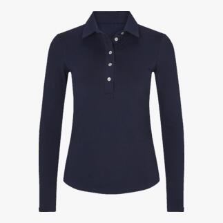 Navy winterpoloshirt met lange mouwen en knoopsluiting op een witte achtergrond.