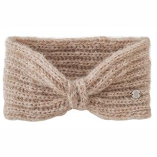Beige alpaca hoofdband met knoop op een witte achtergrond.