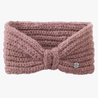 Roze alpaca hoofdband met knoop en metalen logo.