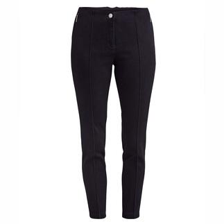 Vooraanzicht van een donkere jeans met zichtbaar gestikte naden en hoge taille.