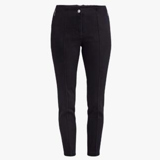 Vooraanzicht van een donkere jeans met zichtbaar gestikte naden en hoge taille.