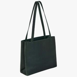 Groene leren paperbag van Harold's in zijaanzicht.