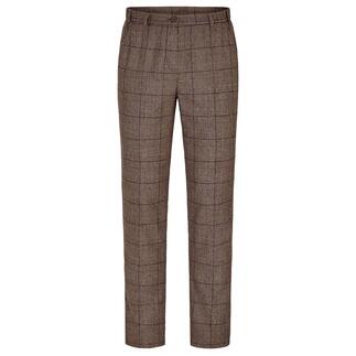 Voorkant van een gebloemde schapenwollen broek in bruin en beige.