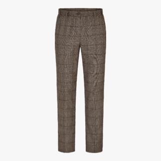 Voorkant van een gebloemde schapenwollen broek in bruin en beige.