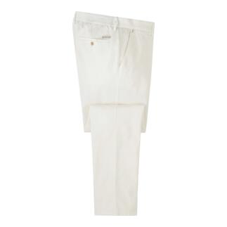Lichtgekleurde chino in ecru met zijlabel.