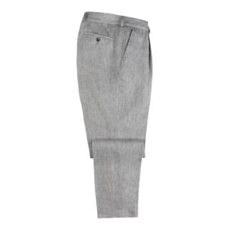Grijze linnen broek op een witte achtergrond gepresenteerd.