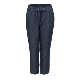Vooraanzicht van indigo linnen joggpants.