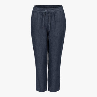 Vooraanzicht van indigo linnen joggpants.