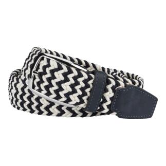 Navy/crème elastische riem op een witte achtergrond.