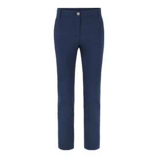 Vooraanzicht van een blauwe herenbroek met knoopsluiting.