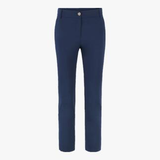 Vooraanzicht van een blauwe herenbroek met knoopsluiting.