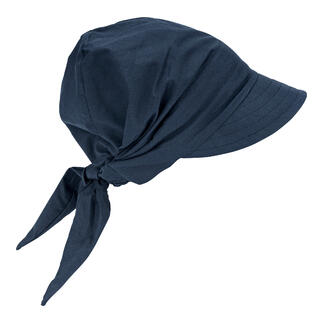 Katoenen bindkap in marineblauw, met een knoop aan de achterkant.
