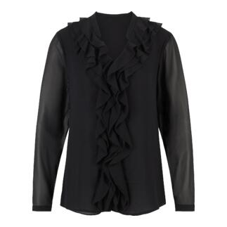 Zwarte blouse met ruches van Janice & Jo, vooraanzicht.