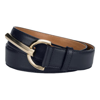 Donkerblauwe luxe damesriem van Ludwig Schröder met gouden gesp.