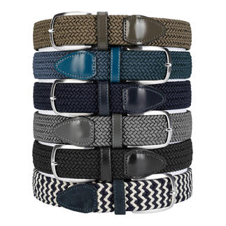 Zes elastische riemen in verschillende kleuren, waaronder jeansblauw.