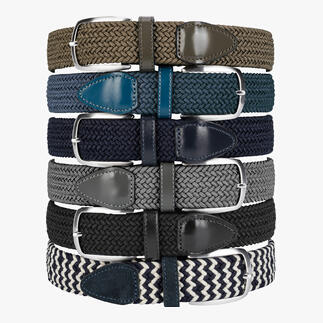 Zes elastische riemen in verschillende kleuren, waaronder jeansblauw.