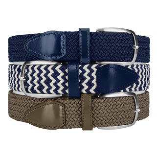 Drie elastische riemen in blauw, beige en marine met verschillende metalen gespen