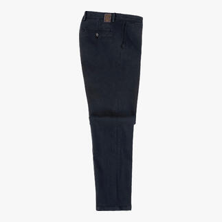 Marineblau twillbroek, zijaanzicht, casual en modieus.