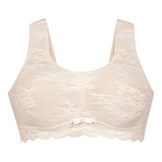 Beige kanten bralette met brede schouderbanden en een strik in het midden.