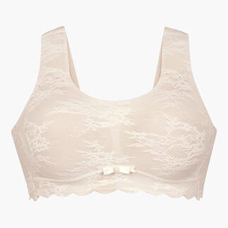 Beige kanten bralette met brede schouderbanden en een strik in het midden.