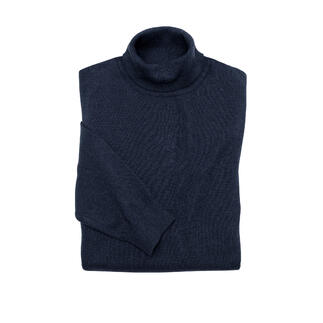 Ragman fijngebreide coltrui in donkerblauw, gevouwen.